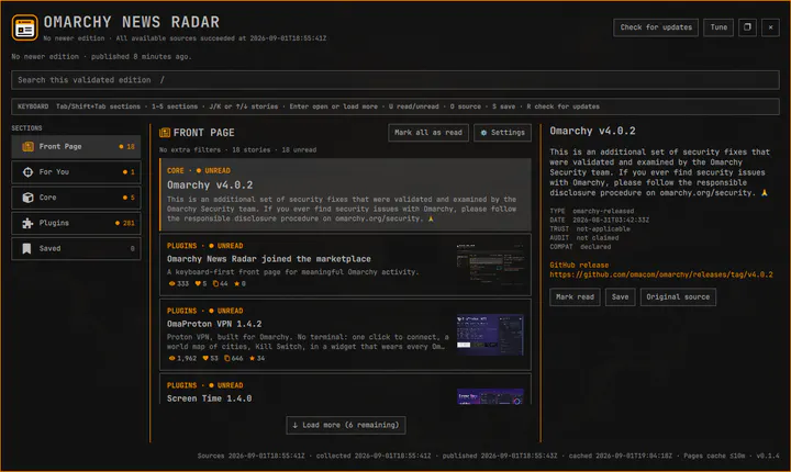 Omarchy News Radar plugin preview
